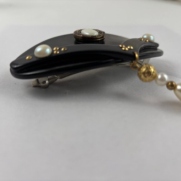 VTG Barrette Black Lucite? Faux Pearls Studs Hair Clip France - Picture 3 of 6